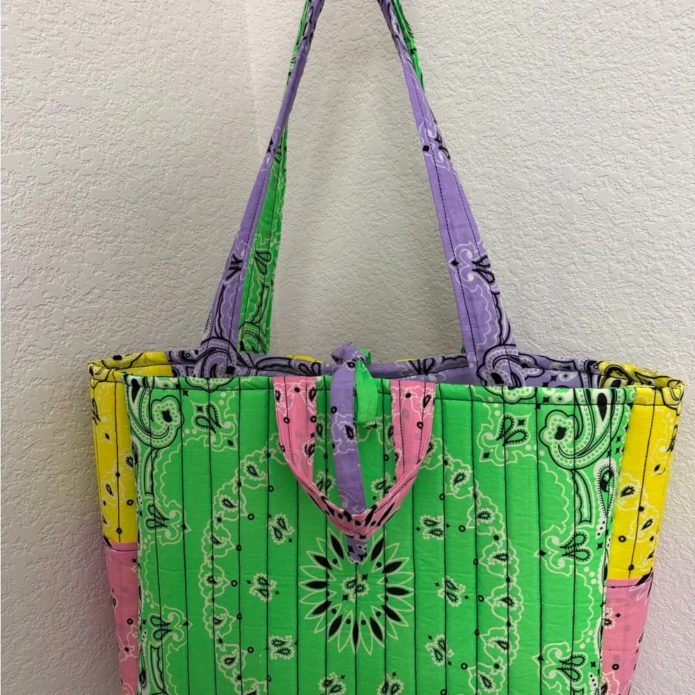 Colorblock Bandana Quilted Tote Bag - Green/Purple/Pink/Yellow